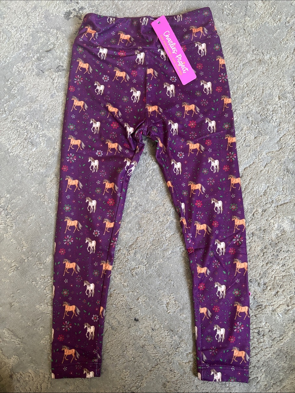 Charlie Rocket Purple Horse & Floral Print Kids Leggings